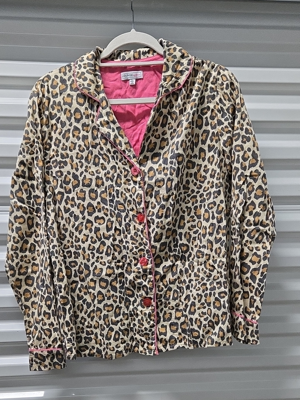 Lounge Affair two-piece leopard-print pajama set pink contrast trim & buttons L